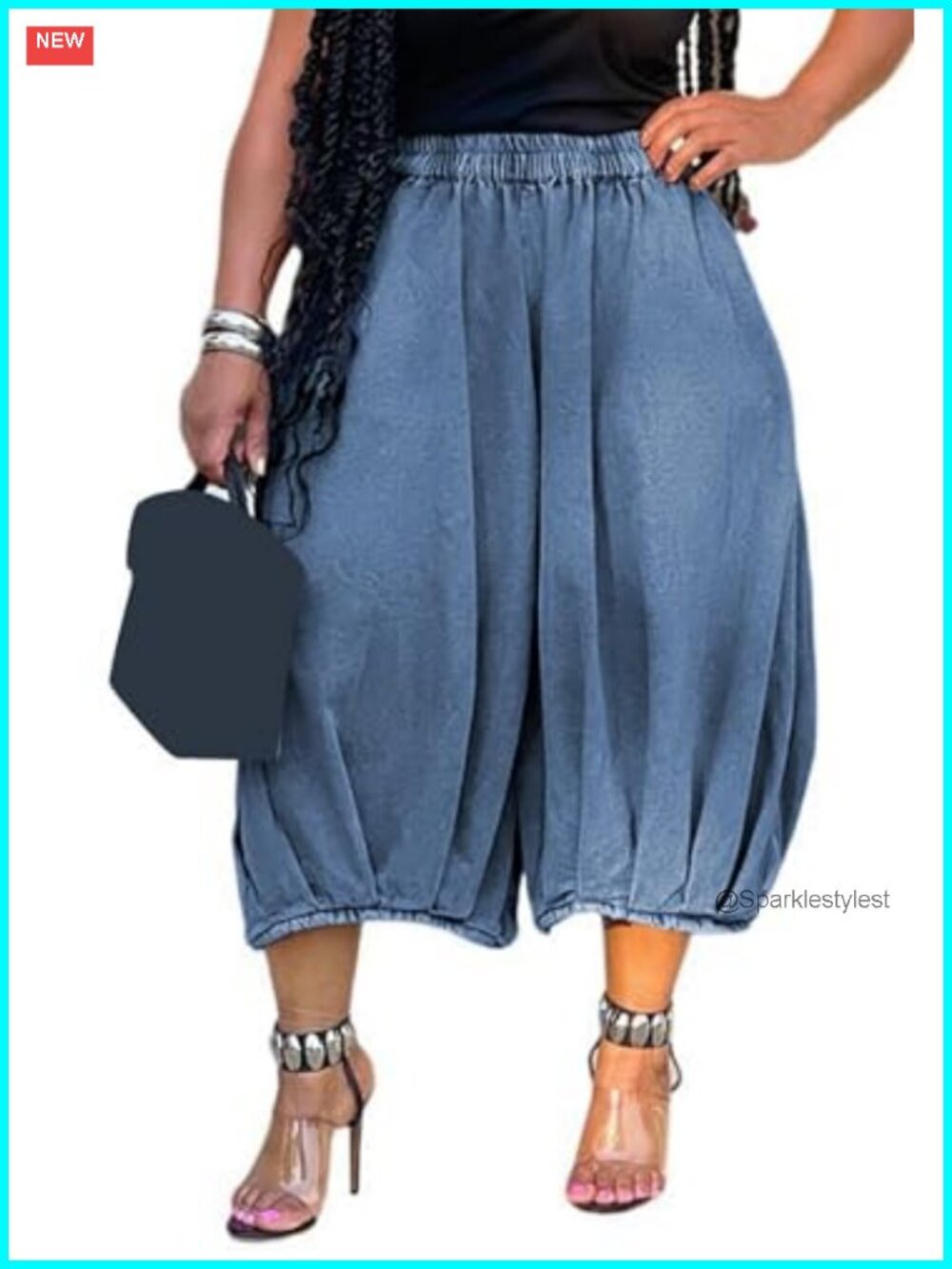 Women's Cropped Barrel Jeans High Elastic Waist Loose Denim Pants